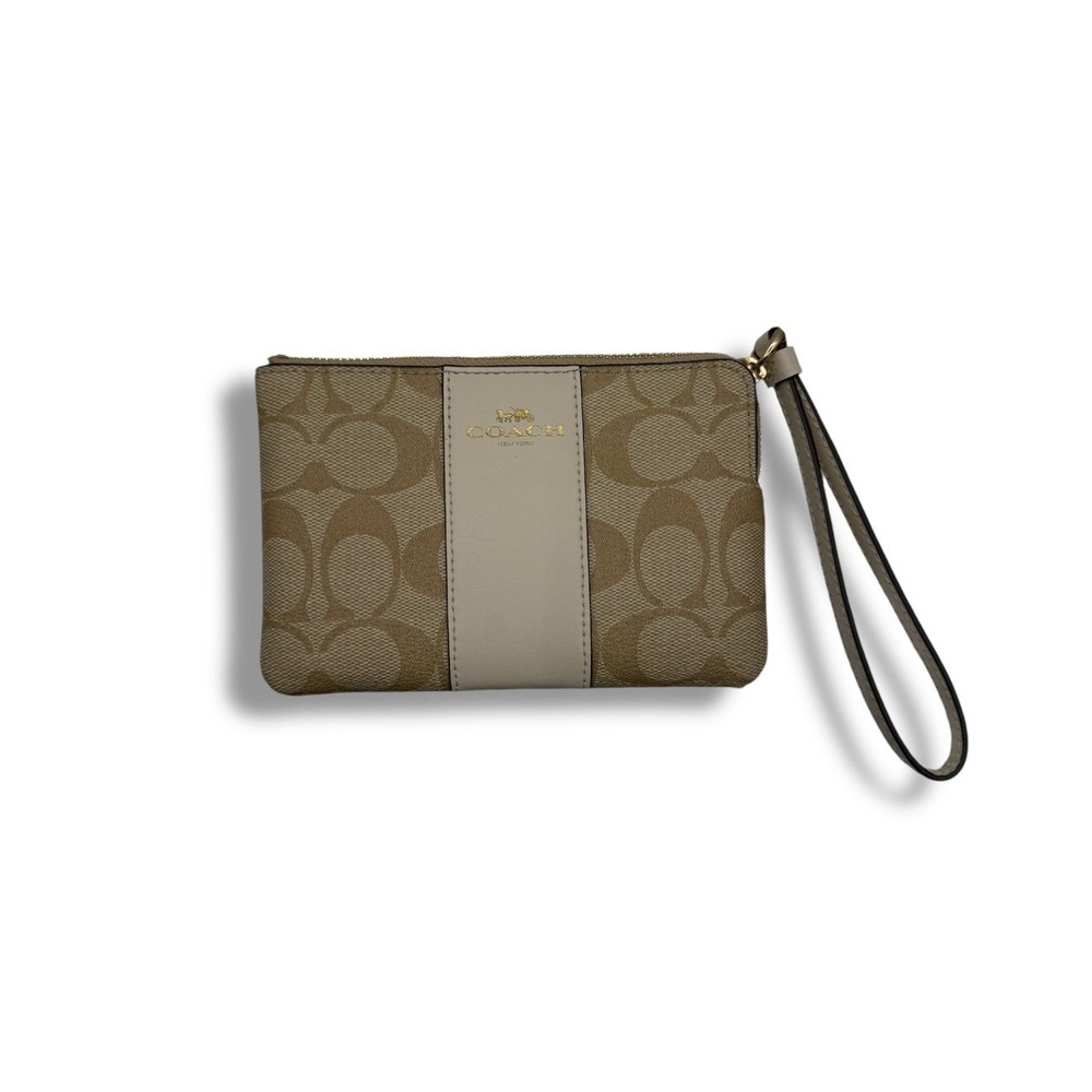 Coach Signature Canvas Wristlet Khaki Chalk Corner Zip Gold Hardware Classic‎